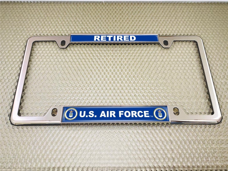 BestLicensePlateFrames [Officially Licensed Product] - USAF - U.S. Air Force Retired - Domed Custom-Made Personalized Narrow (Thin) Top 4 Hole Metal Car License Plate Frame with Free caps - Chrome Frame (Qty: 1) - Image 4